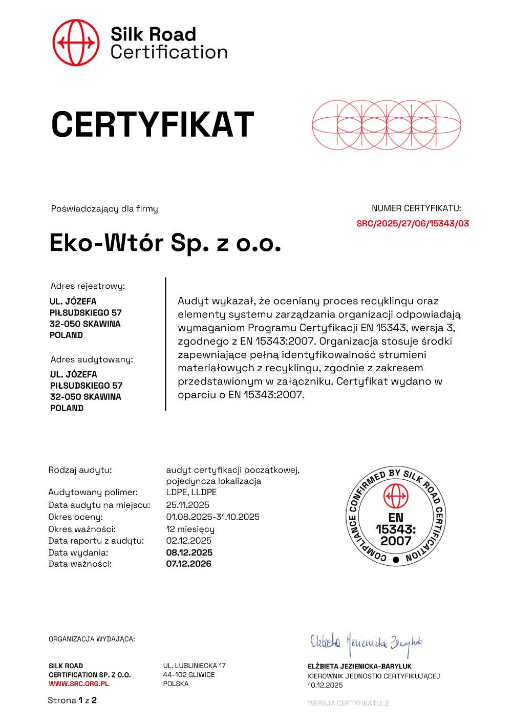 Certyfikaty jakości ISO i zezwolenia Eko-Wtór